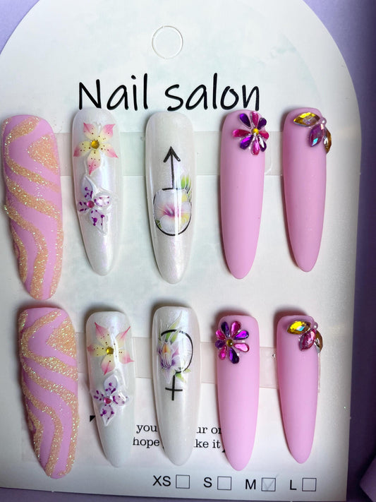 Fleurs rose, blanc et sucre jaune, avec strass. Réutilisable, Press-on nails, faux ongles. Finition mate et brillante.