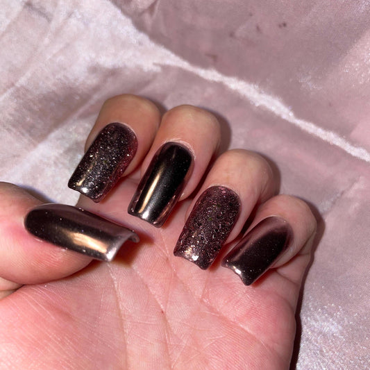 Chrome rose et paillettes. Réutilisable, Press-on nails, faux ongles. Finition brillante