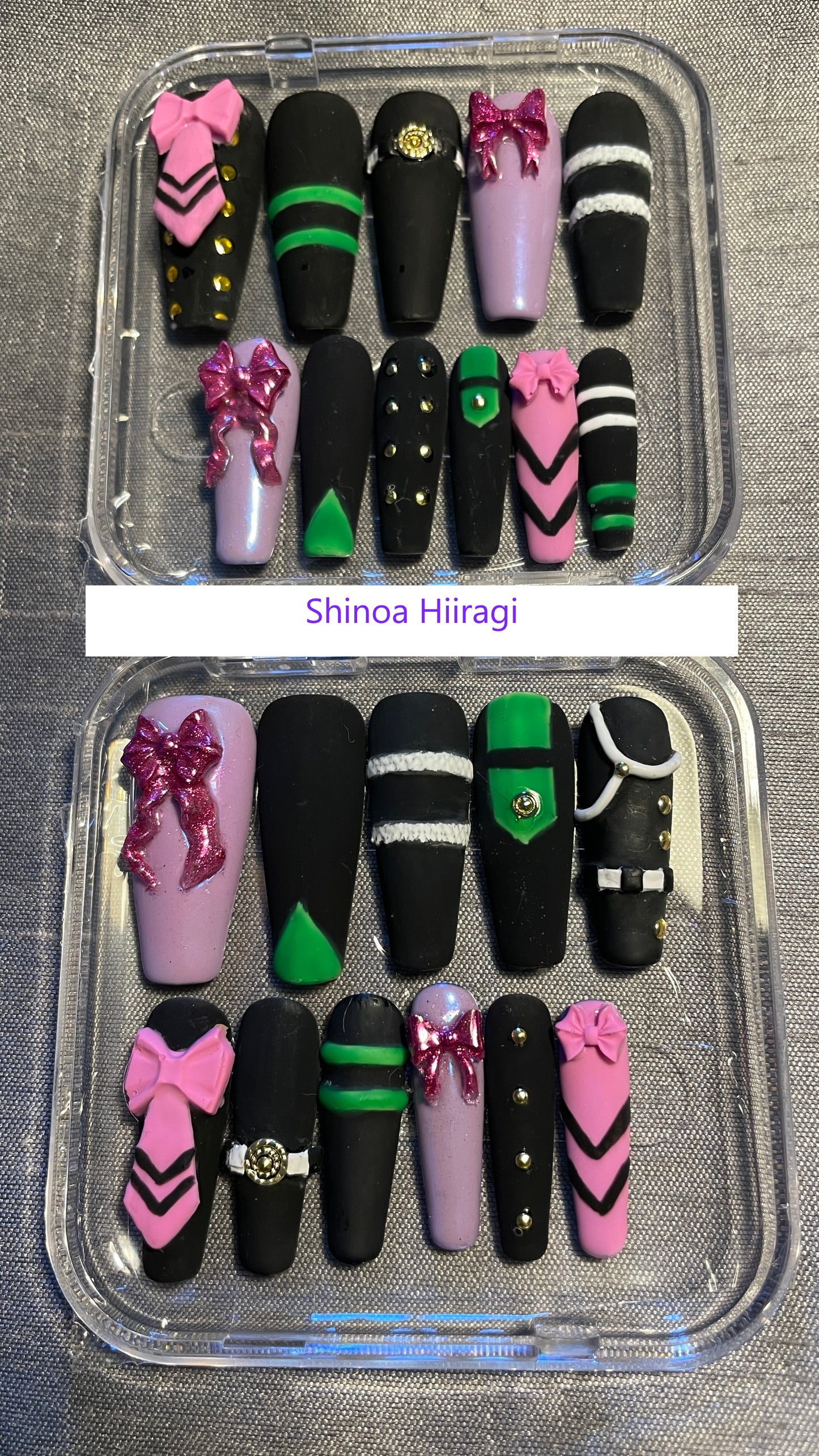 Création selon votre modèle, pour cosplay ou événements. Kit tailles XL, L, M, S, XS, ou kit complet toutes les tailles incluses (2 par tailles). Réutilisables, Press-on nails, faux ongles.