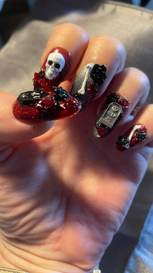 Rouge et noir cats eyes avec cerveaux, squelettes, cercueils, et roses 3D. Kit toutes tailles incluses. Réutilisables, Press-on nails, faux ongles