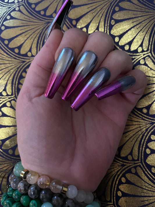 Chrome rose et argent. Réutilisable, Press-on nails, faux ongles. Finition brillante