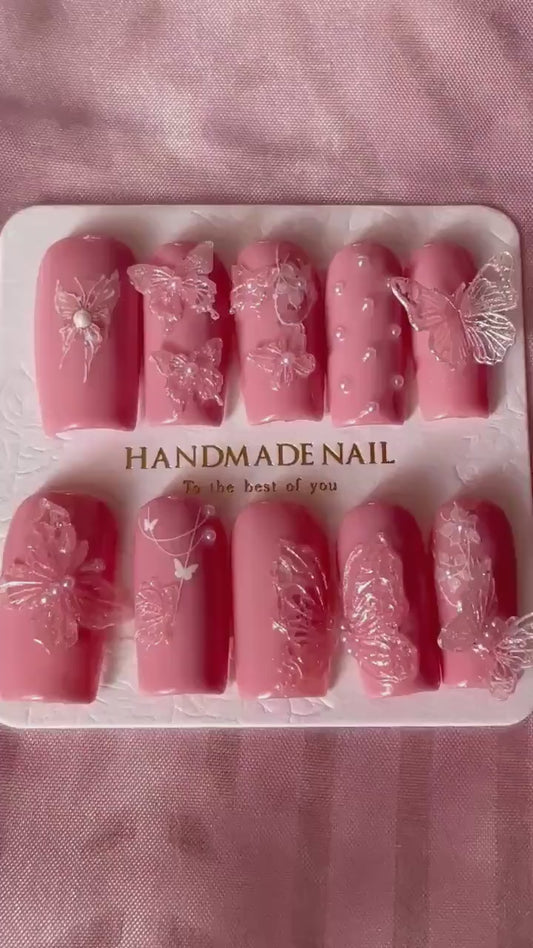 Papillons pailletés, rose ton sur ton, en relief, avec perles. Réutilisable, Press-on nails, faux ongles. Finition brillante