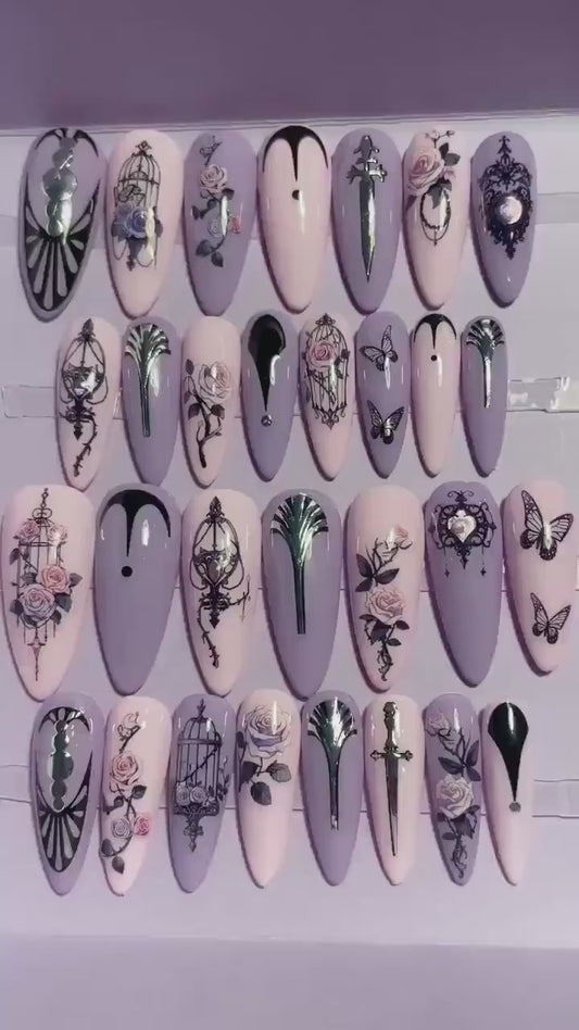 Kit 30 pièces. Rose et violet avec cages à oiseaux et roses. Tailles 0 à 11. Réutilisables, Press-on nails, faux ongles. Fini brillant