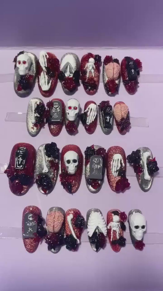 Rouge et noir cats eyes avec cerveaux, squelettes, cercueils, et roses 3D. Kit toutes tailles incluses. Réutilisables, Press-on nails, faux ongles