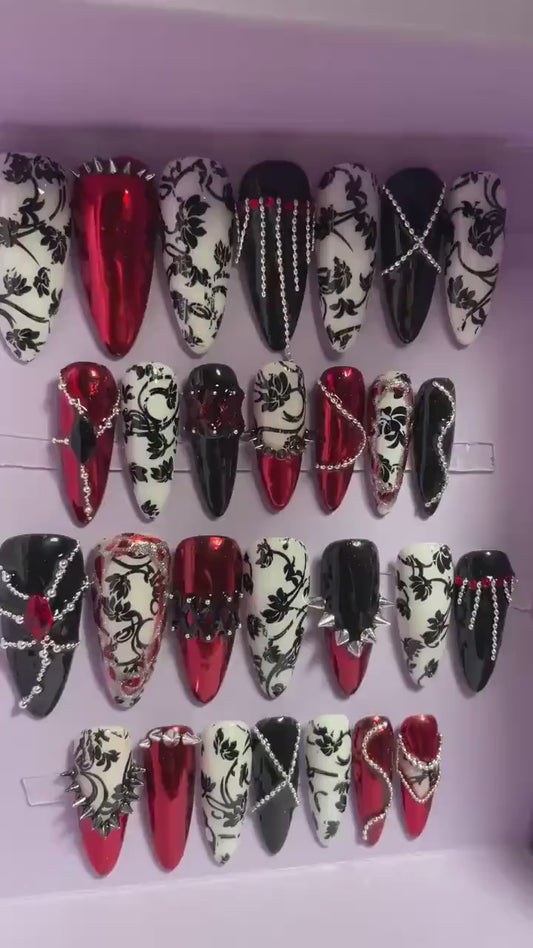 Noir, rouge chromé, blanc avec motifs, chaînes. Kit toutes tailles incluses. Réutilisables, Press-on nails, faux ongles. Fini brillant