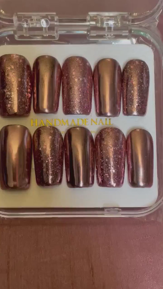 Chrome rose et paillettes. Réutilisable, Press-on nails, faux ongles. Finition brillante