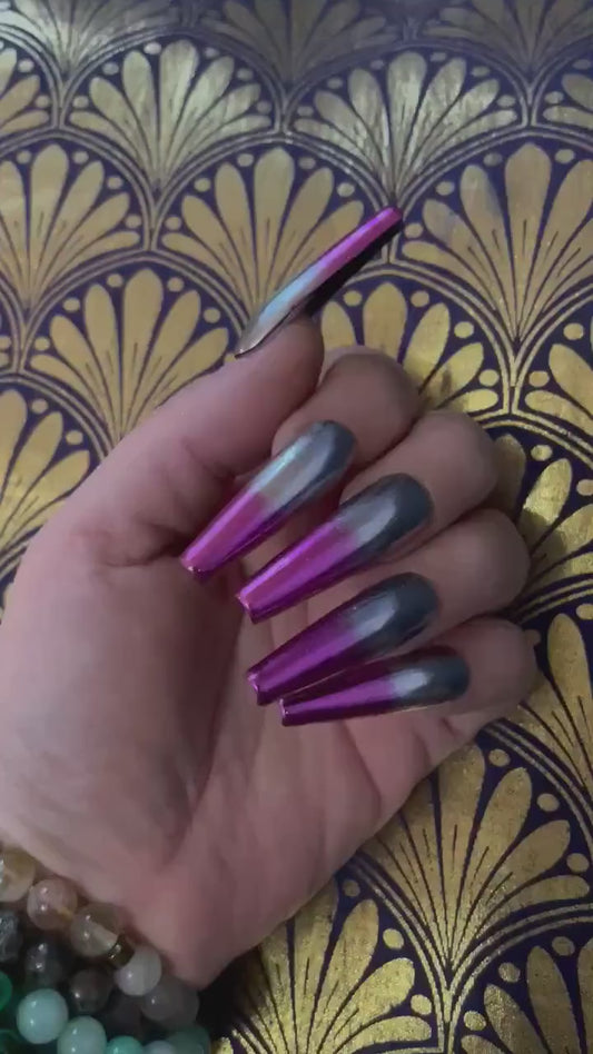 Chrome rose et argent. Réutilisable, Press-on nails, faux ongles. Finition brillante