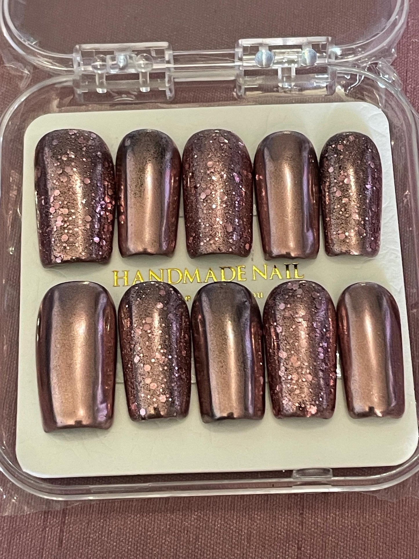 Chrome rose et paillettes. Réutilisable, Press-on nails, faux ongles. Finition brillante