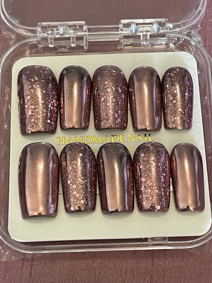 Chrome rose et paillettes. Réutilisable, Press-on nails, faux ongles. Finition brillante
