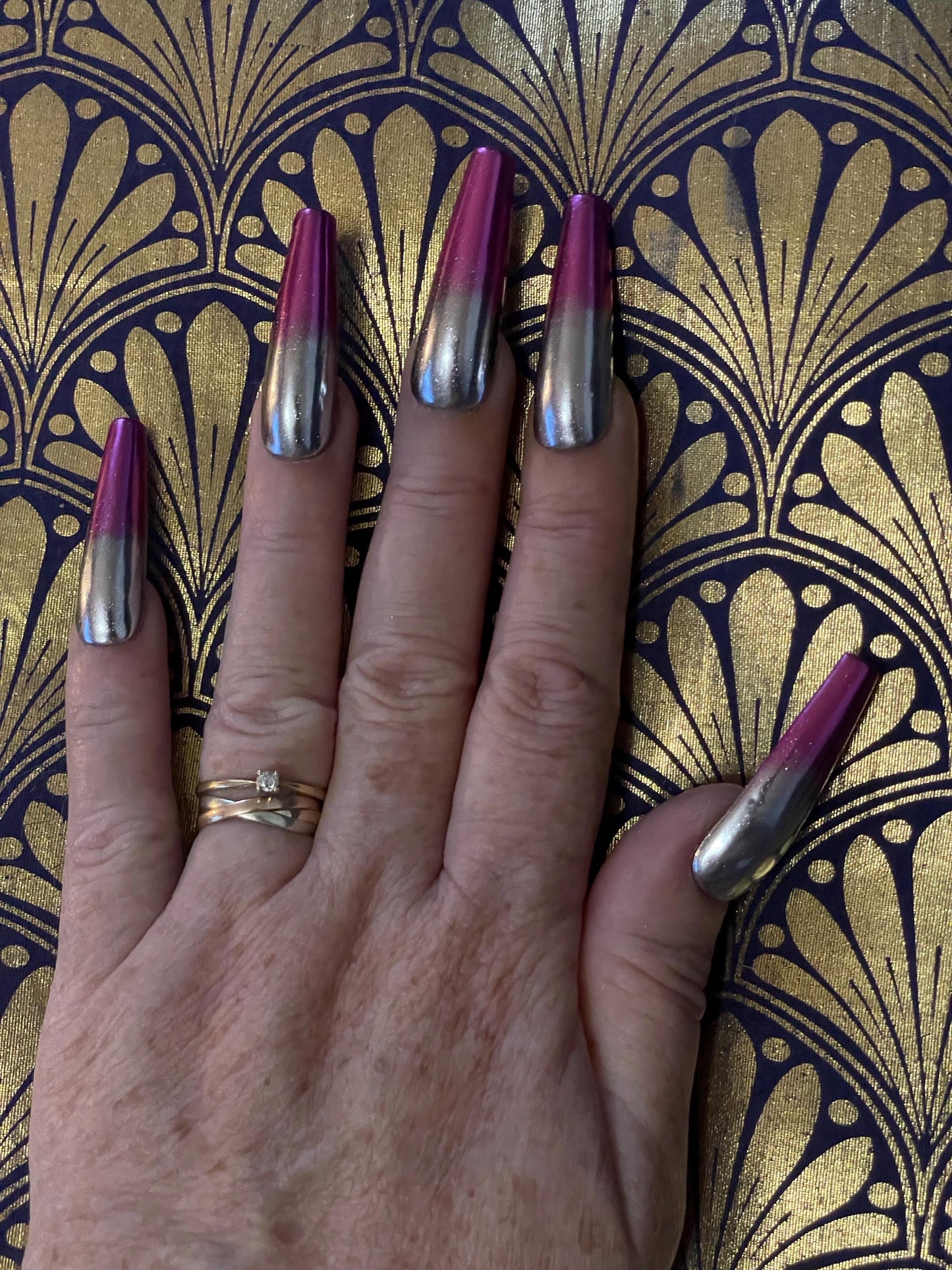 Chrome rose et argent. Réutilisable, Press-on nails, faux ongles. Finition brillante