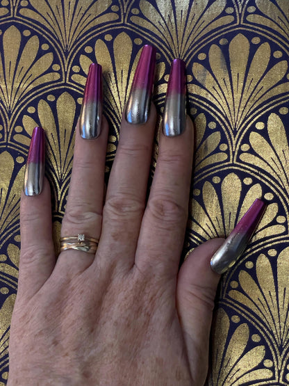 Chrome rose et argent. Réutilisable, Press-on nails, faux ongles. Finition brillante
