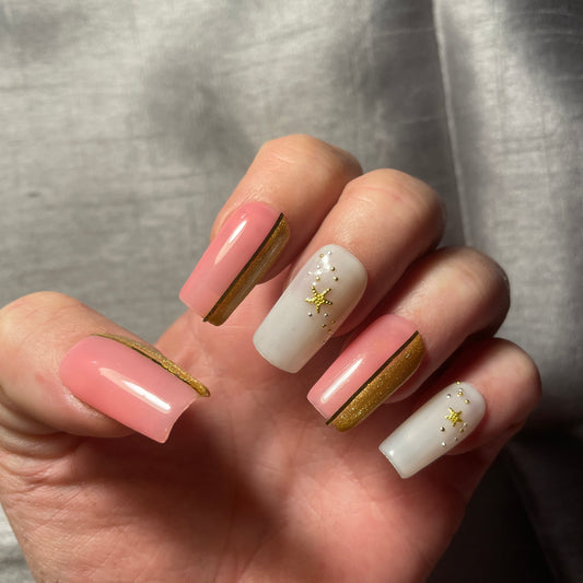 Rose, doré et blanc laiteux. Kit toutes tailles incluses. Réutilisables, Press-on nails, faux ongles