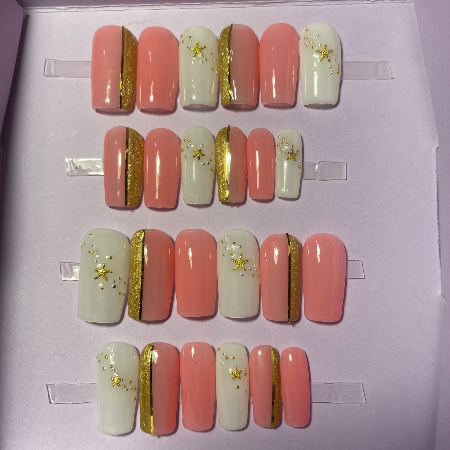 Rose, doré et blanc laiteux. Kit toutes tailles incluses. Réutilisables, Press-on nails, faux ongles