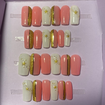 Rose, doré et blanc laiteux. Kit toutes tailles incluses. Réutilisables, Press-on nails, faux ongles