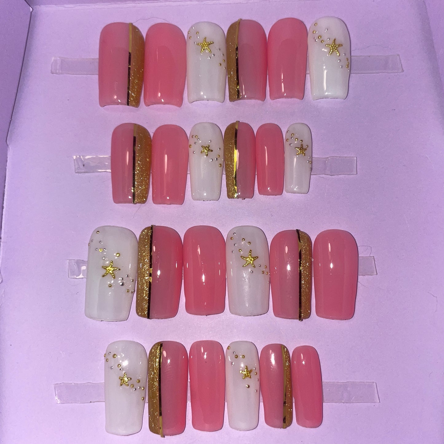 Rose, doré et blanc laiteux. Kit toutes tailles incluses. Réutilisables, Press-on nails, faux ongles