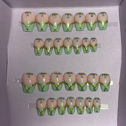 Rose dégradé vert avec motifs dorés et strass bleus. Kit toutes tailles incluses. Réutilisables, Press-on nails, faux ongles