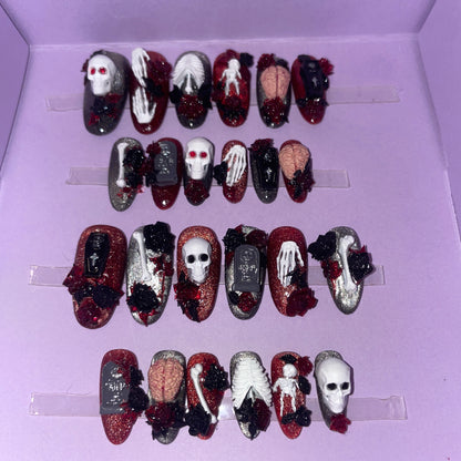 Rouge et noir cats eyes avec cerveaux, squelettes, cercueils, et roses 3D. Kit toutes tailles incluses. Réutilisables, Press-on nails, faux ongles