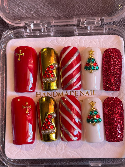 Noël rouge, or. Croix, bonnet et sapin de Noël. Réutilisable, Press-on nails, faux ongles. Finition brillante