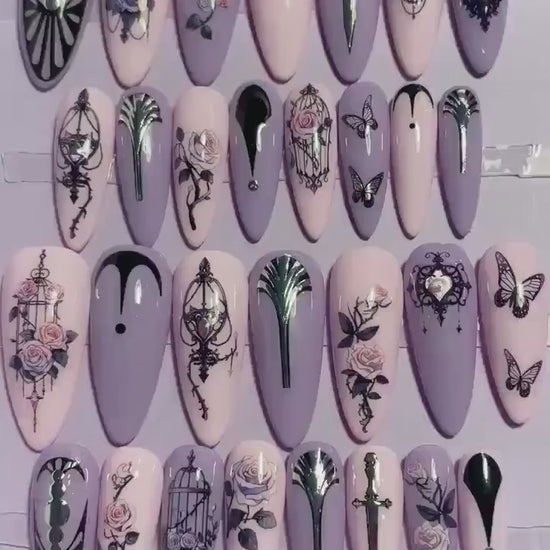 Kit 30 pièces. Rose et violet avec cages à oiseaux et roses. Tailles 0 à 11. Réutilisables, Press-on nails, faux ongles. Fini brillant