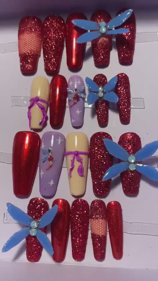 Musa Winx. Cosplay. Rouge chromé et sucre pailleté rouge. Kit toutes tailles incluses. Réutilisables, Press-on nails, faux ongles