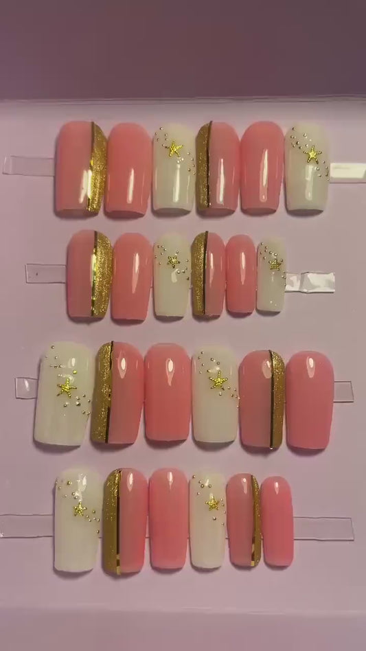 Rose, doré et blanc laiteux. Kit toutes tailles incluses. Réutilisables, Press-on nails, faux ongles